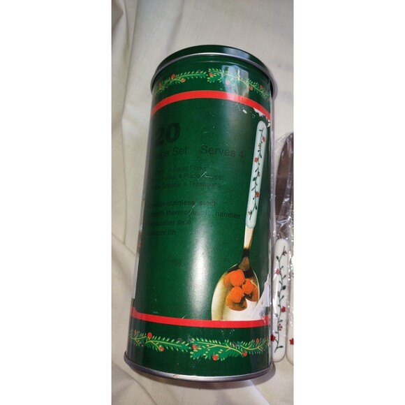 New! 20 Piece Set Holly Flatware Christmas Spoons Forks Knives With Tin - Picture 7 of 10